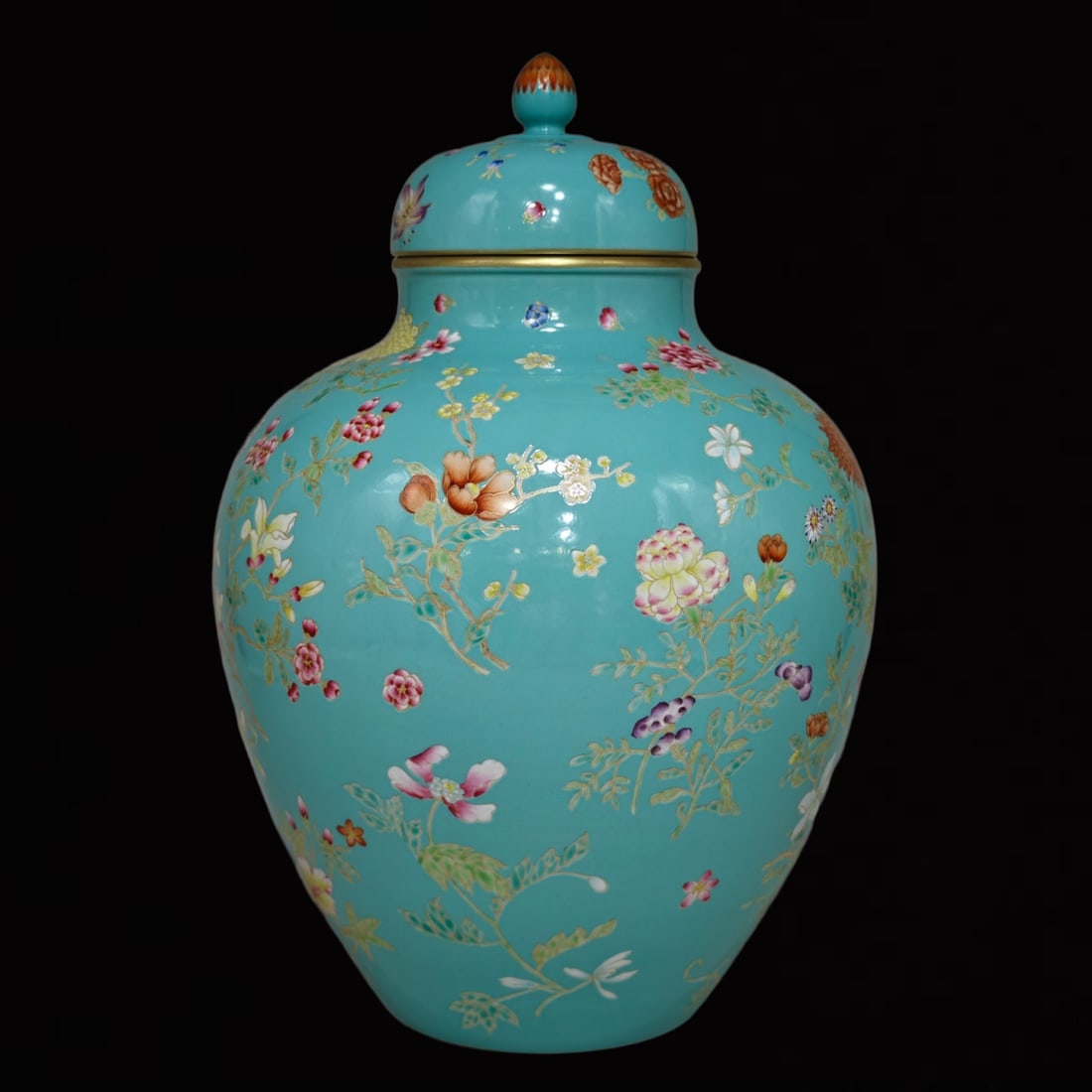 An Exquisite Turquoise Glazed Famille-Rose Flower Pattern Jar with Cover: An Exquisite Turquoise Glazed Famille-Rose Flower Pattern Jar with Cover,Qing Dynasty,China,Qianlong Six-character Mark,Size:16.5inx11in 