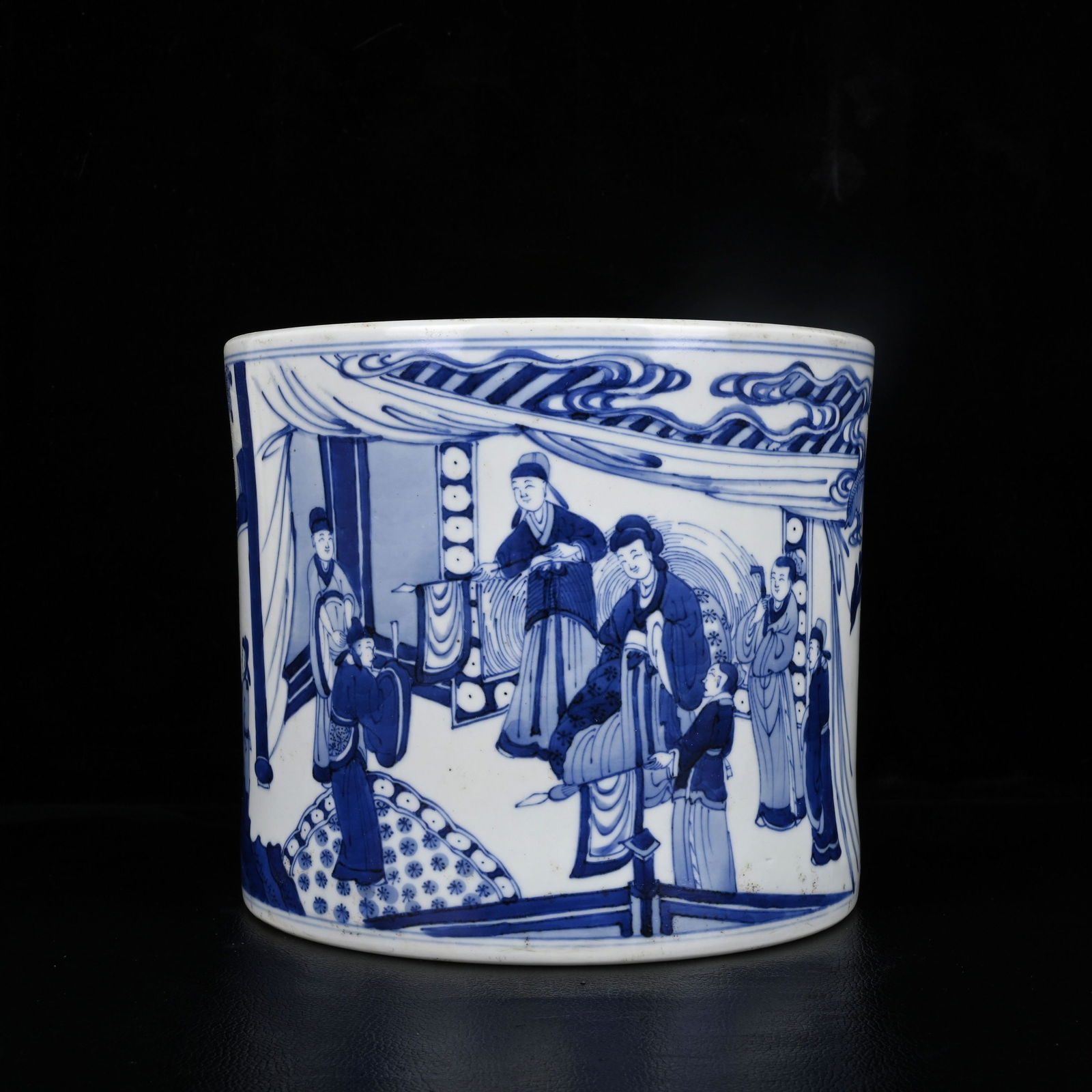 An Exquisite Blue and White Character and Story Pattern Brush Pot: An Exquisite Blue and White Character and Story Pattern Brush Pot,Qing Dynasty,China,Kangxi Six-character Mark,Size:6.9inx7.9in 