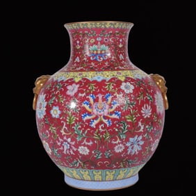 A Rare Famille-Rose Ruby Red-Glazed Lotus Pattern Lion-Ears Vase