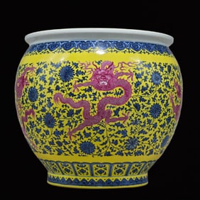 An Exquisite Yellow Ground Blue and White Lotus and Dragon Pattern Vat