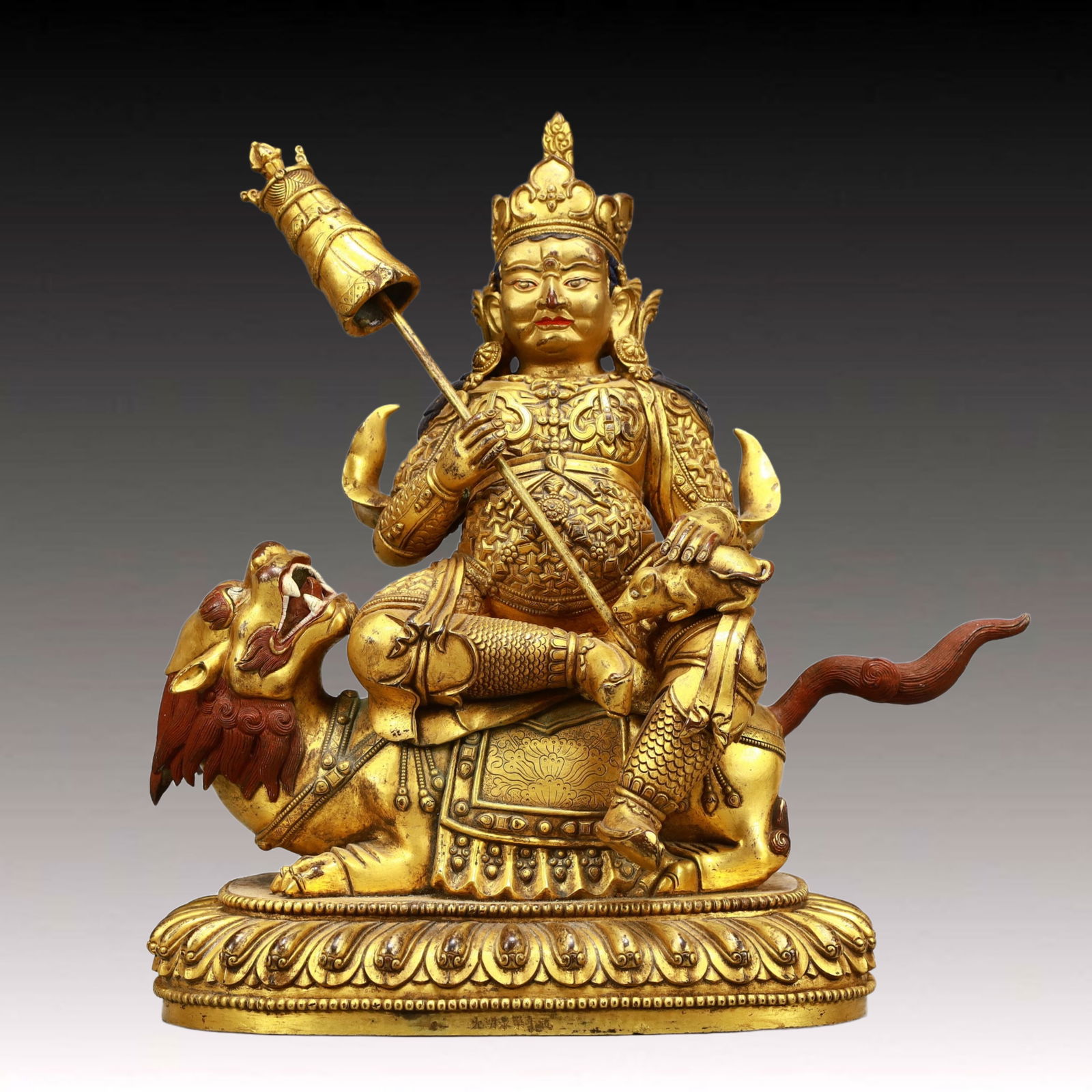 A Solemn Gilt Bronze Statue of Mammon Rides the Lion: A Solemn Gilt Bronze Statue of Mammon Rides the Lion,Ming Dynasty, China,Yongle Six-character Mark,Size:8.9inx5.5inx11.8in,Weight:6350g 