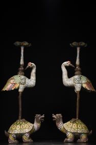 A Pair of Exquisite Cloisonne Turtle and Crane Candlesticks