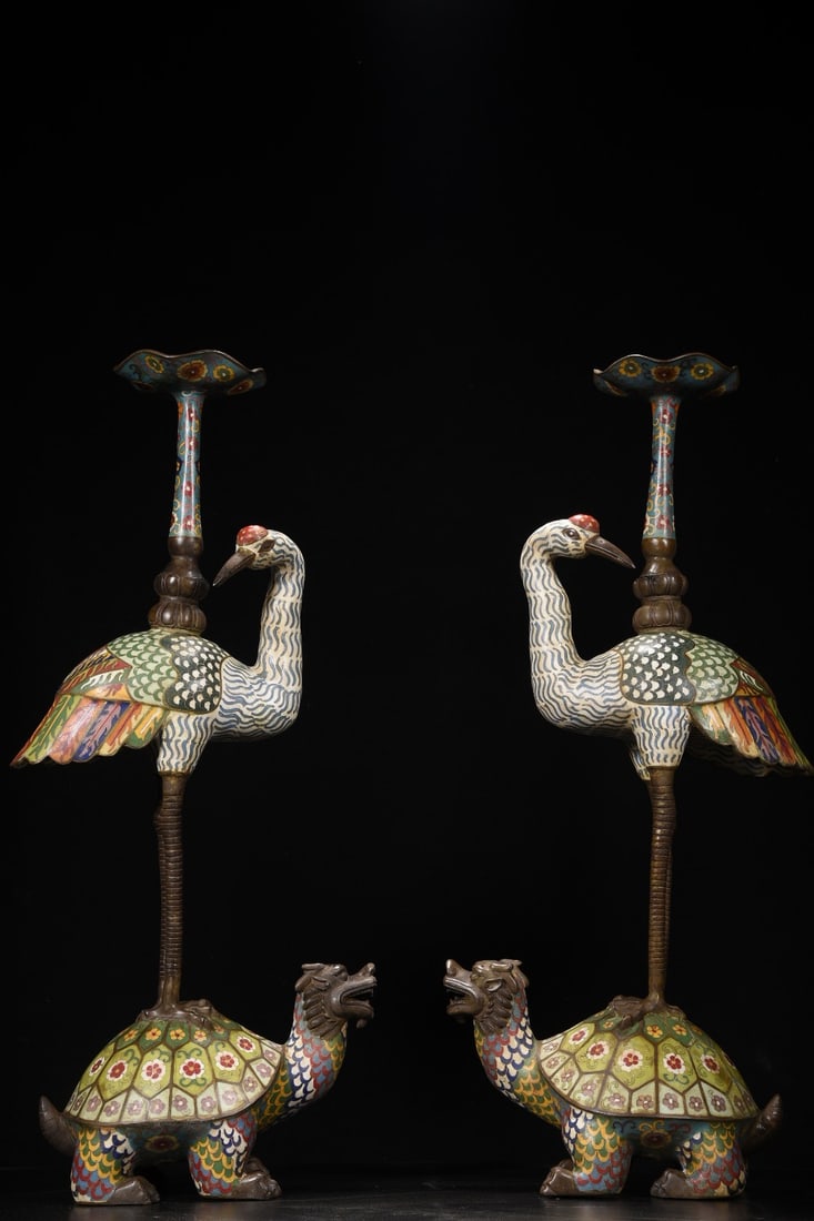 A Pair of Exquisite Cloisonne Turtle and Crane Candlesticks: A Pair of Exquisite Cloisonne Turtle and Crane Candlesticks,Qing Dynasty,China,Qianlong Four-Character Mark,Size:29.1inx11.4inx6.7in*2,Weight:15870g 一对景泰蓝龟