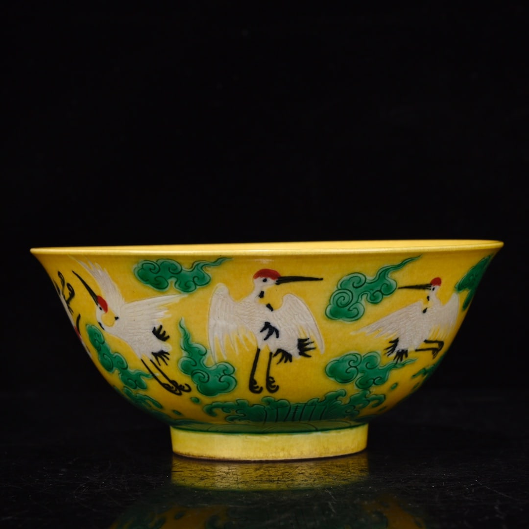 An Exquisite Biscuit Auspicious Cloud and Crane Pattern Bowl: An Exquisite Biscuit Auspicious Cloud and Crane Pattern Bowl,Qing Dynasty,China,Yongzheng Six-character Mark,Size:2.6inx5.9in 