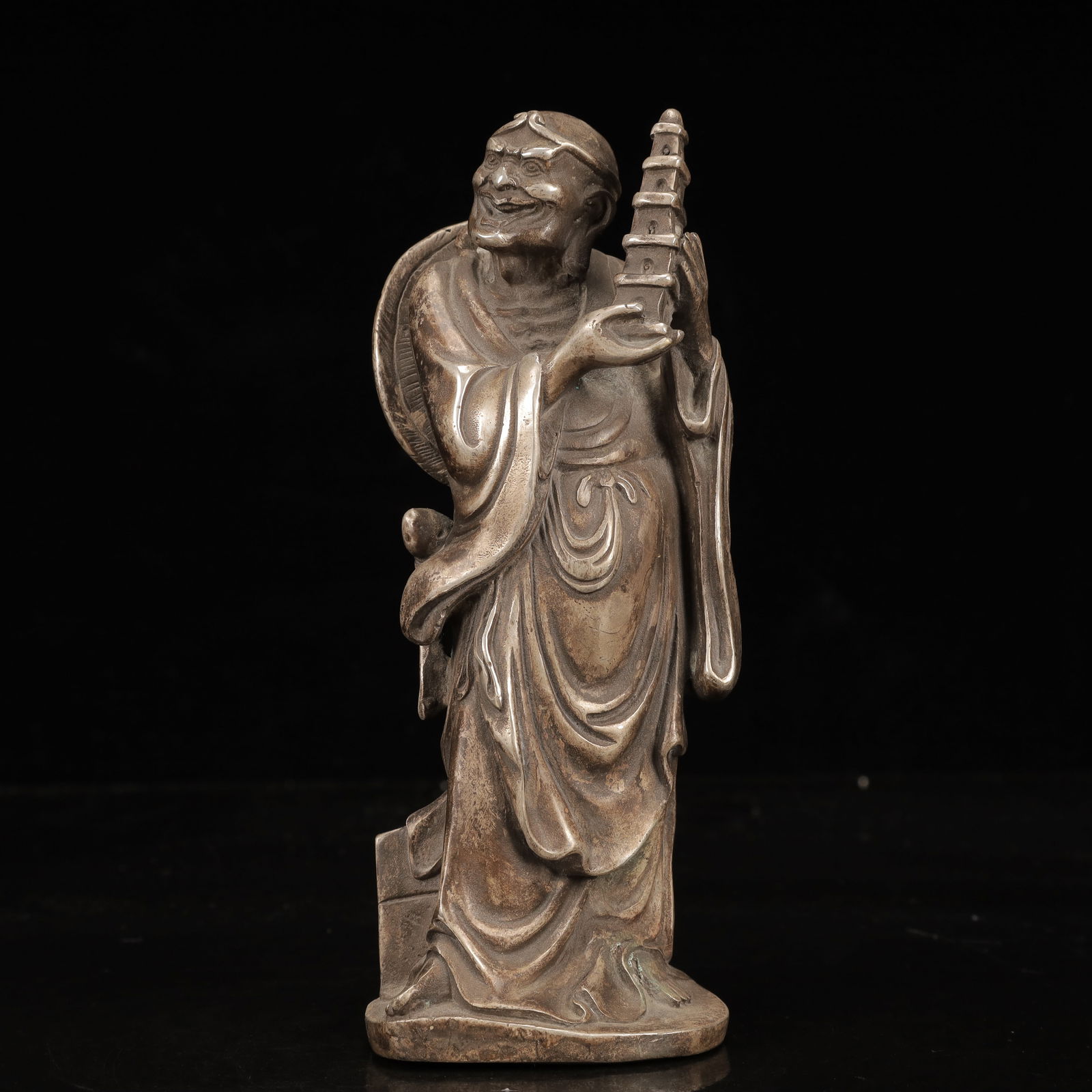 An Exquisite Silver-plated Copper Figure Ornament: An Exquisite Silver-plated Copper Figure Ornament,Qing Dynasty, China,Size:2.8inx2.4inx6.7in,Weight:850g 铜镀银人物摆件,中国清代