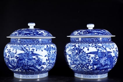 A Pair of Exquisite Blue and White Flower and Phoenix Pattern Jars with Cover