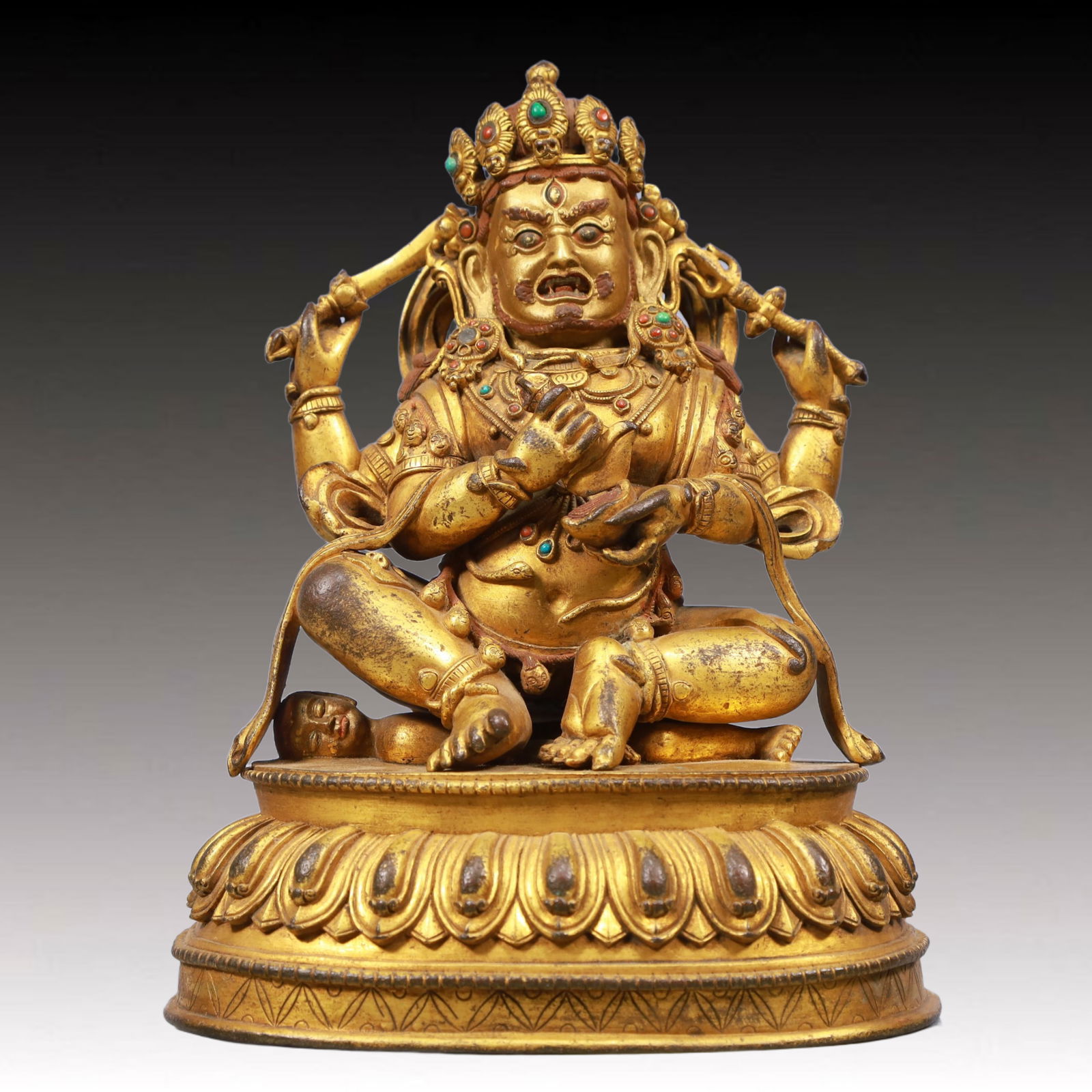 A Solemn Gilt Bronze Statue of Mammon, Inlaid Gems, With Inscription: A Solemn Gilt Bronze Statue of Mammon, Inlaid Gems, With Inscription, Qing Dynasty, China, Size:6.3inx4.3inx9.3in, Weight:2850g 