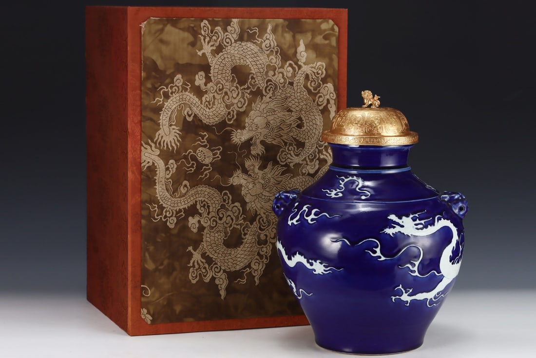 A Huge Ji Blue Glazed Dragon Pattern Beast-Ears Jar with Cover: A Huge Ji Blue Glazed Dragon Pattern Beast-Ears Jar with Cover,Yuan Dynasty,China,Size:18.3inx13.8in 