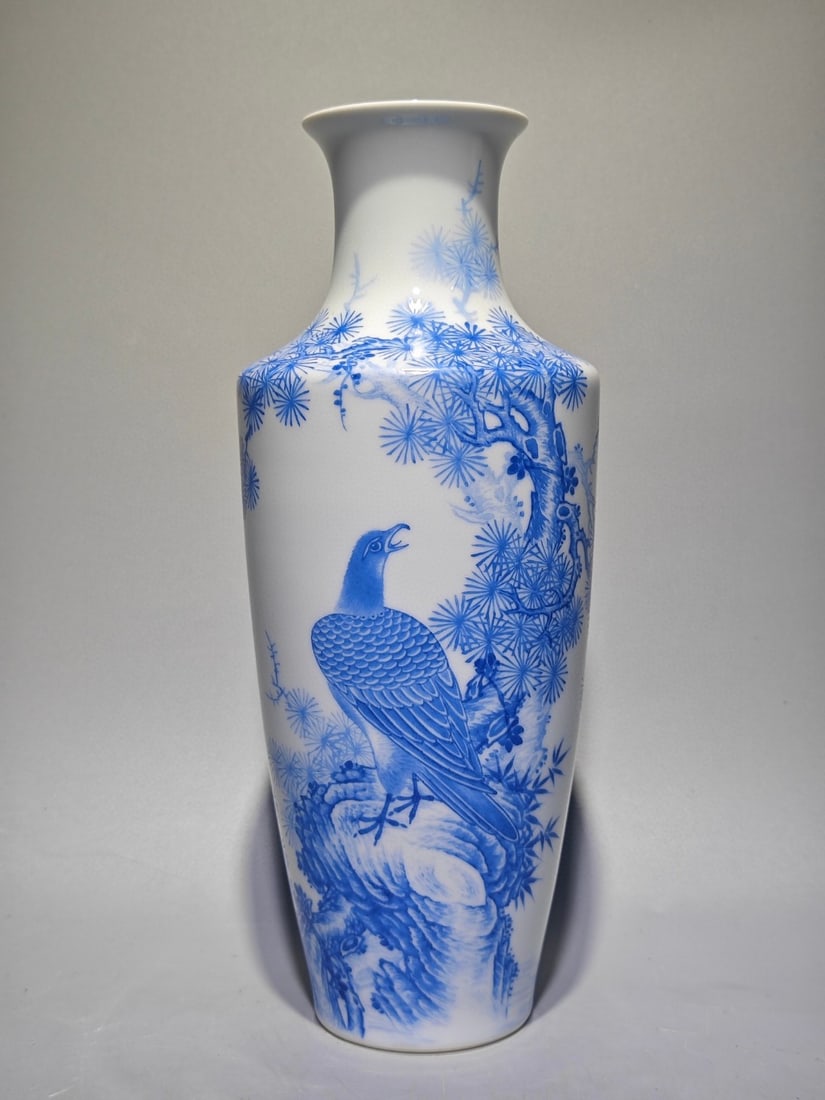 An Exquisite Blue Glazed Pine and Eagle Pattern Vase,with poem: An Exquisite Blue Glazed Pine and Eagle Pattern Vase,with poem,Qing Dynasty,China,Yongzheng Four-character Mark,Size:10.1inx4.1in 