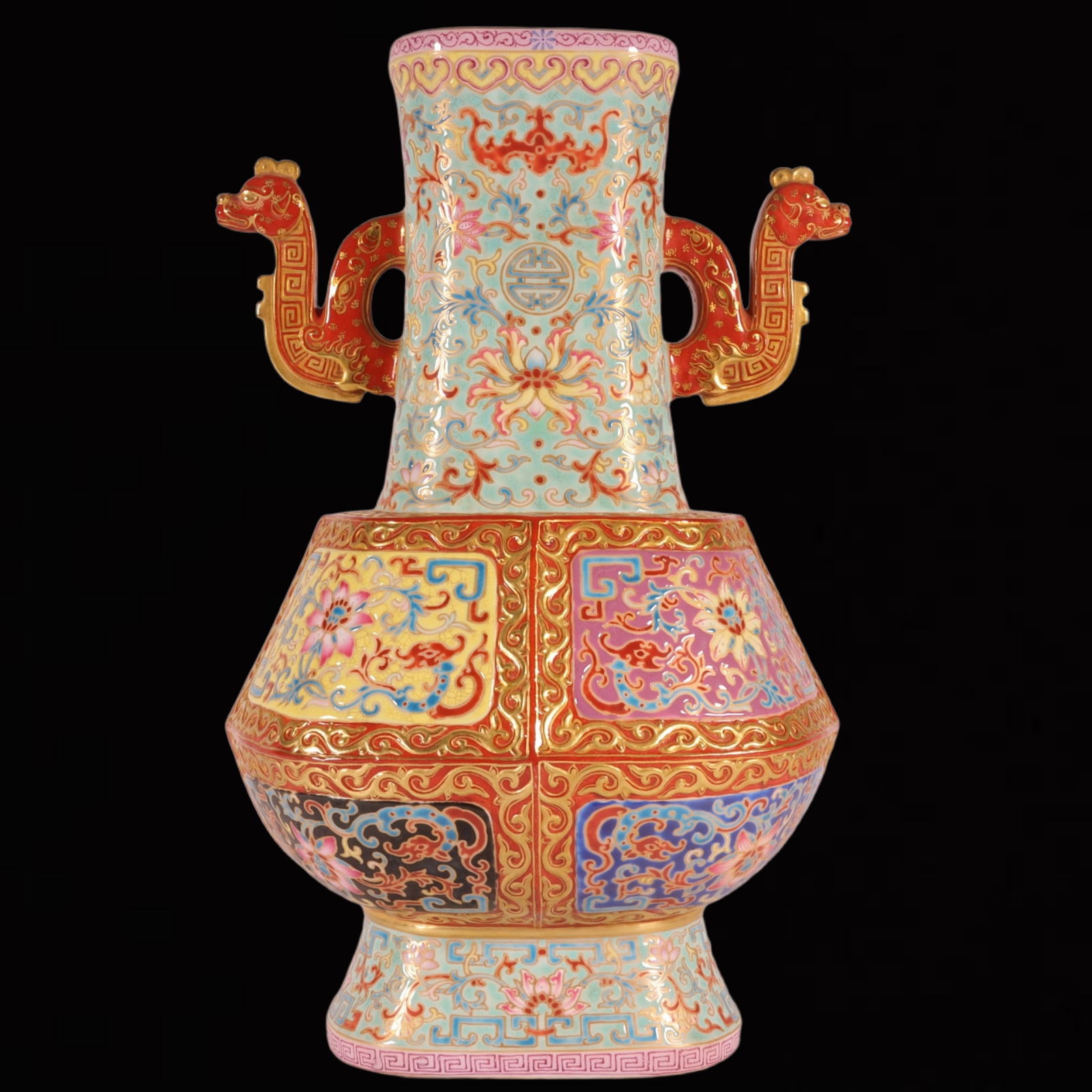 An Exquisite Enamel Green Ground Lotus Pattern Double-Ears Vase: An Exquisite Enamel Green Ground Lotus Pattern Double-Ears Vase,Qing Dynasty, China,Qianlong Four-character Mark,Size:10.9inx6.7in 