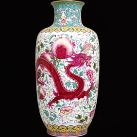 A Huge Green Ground Famille-Rose Dragon and Phoenix Pattern Vase