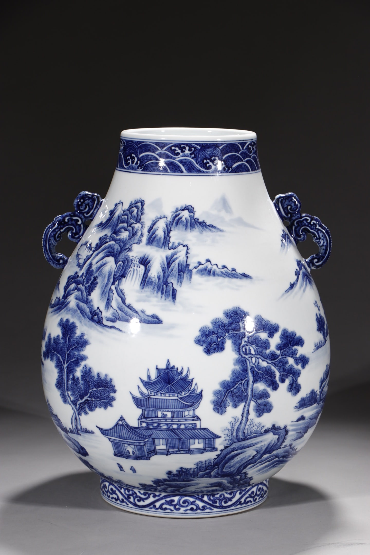 An Exquisite Blue and White Landscape and Figure Pattern Double-Ears Jar: An Exquisite Blue and White Landscape and Figure Pattern Double-Ears Jar,Qing Dynasty,China,Qianlong Six-character Mark,Size:14.4in 
