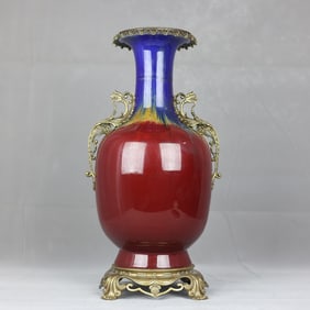 A Huge Flambe Glazed Inlaid Bronze Dragon-Ears Vase
