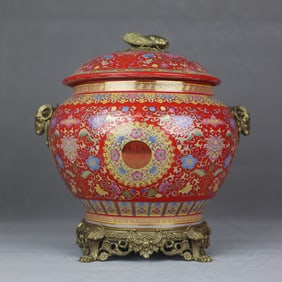 A Rare Red Ground Enamel Inlaid Bronze Lotus Pattern Sheep-Ears Jar with Cover