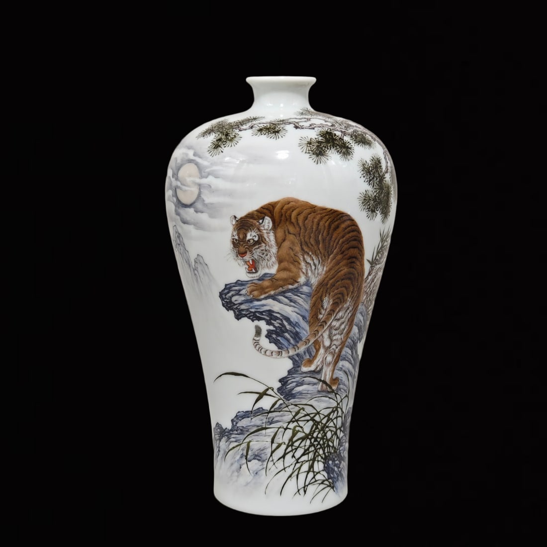 An Exquisite Enamel Pine and Tiger Pattern Vase,with poem: An Exquisite Enamel Pine and Tiger Pattern Vase,with poem,Qing Dynasty,China,Yongzheng Six-character Mark,Size:7.1inx4.3in 
