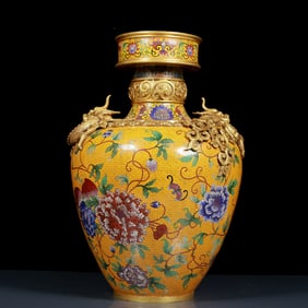 A Huge Cloisonne Lotus Pattern Dragon-Ears Vase