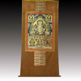 A Rare Brocade Painted Color Four-arms Statue of Avalokitesvara Tangka