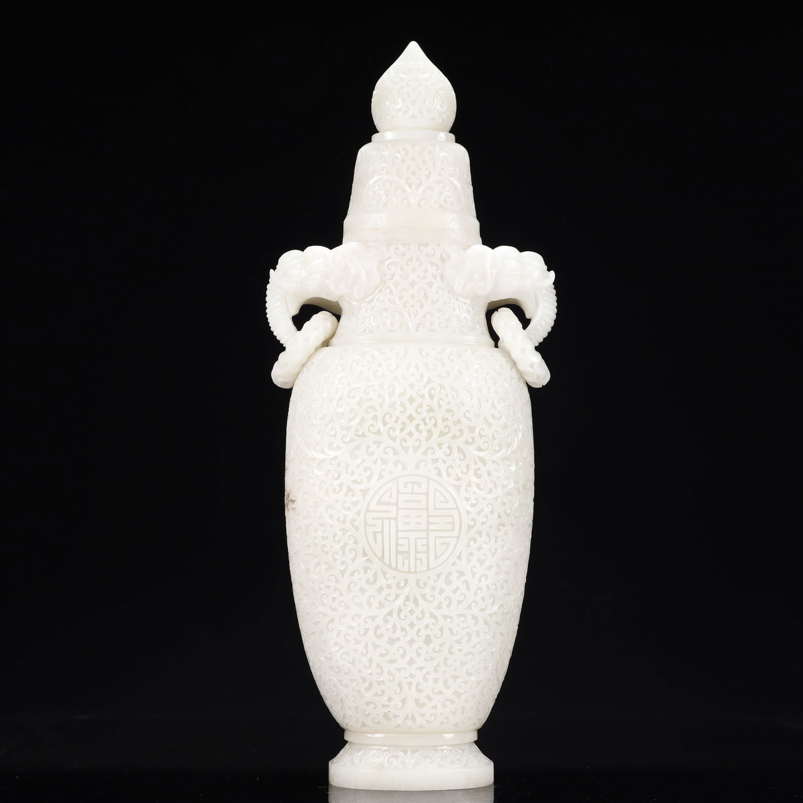 A Huge White Jade Flower Pattern Double-Ears Bottle: A Huge White Jade Flower Pattern Double-Ears Bottle,Qing Dynasty, China,Size:7.5inx2.8inx18.5in,Weight:5600g 