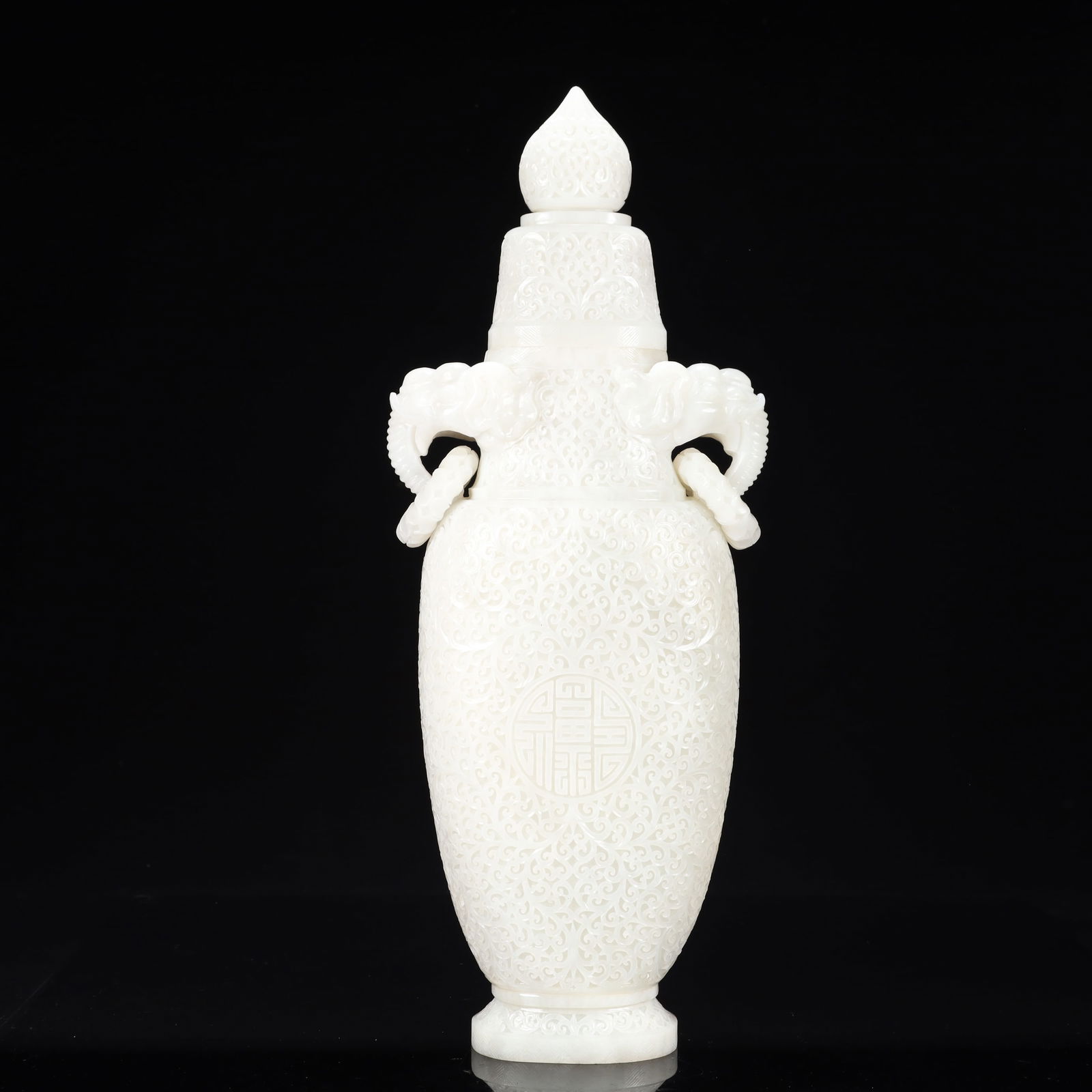 A Huge White Jade Flower Pattern Double-Ears Bottle - 7