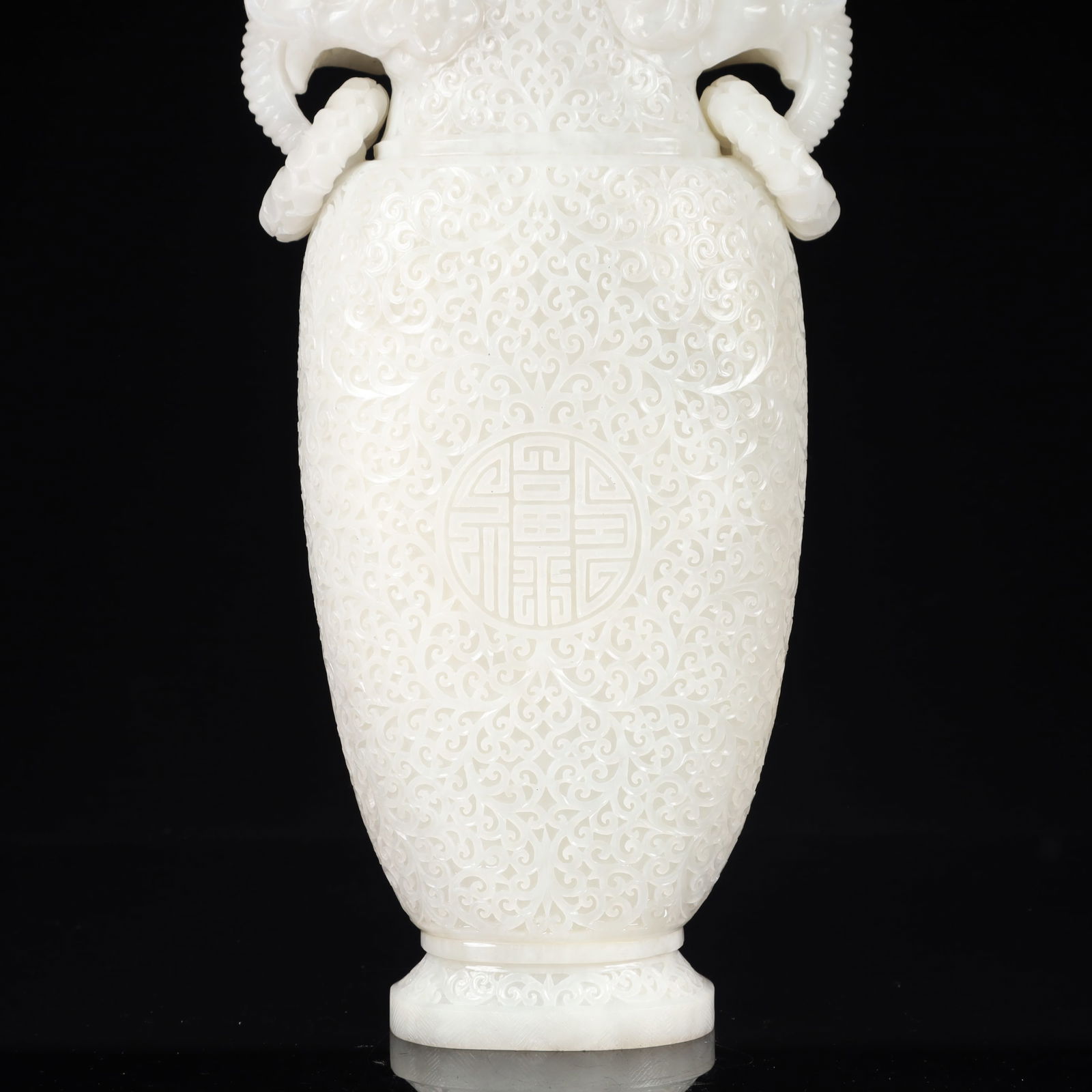A Huge White Jade Flower Pattern Double-Ears Bottle - 9
