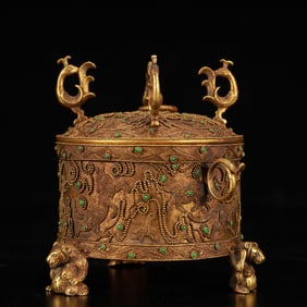 An Exquisite Gilt Bronze Auspicious Beast Pattern Double-Ears and Tripod Censer,Inlaid Gems