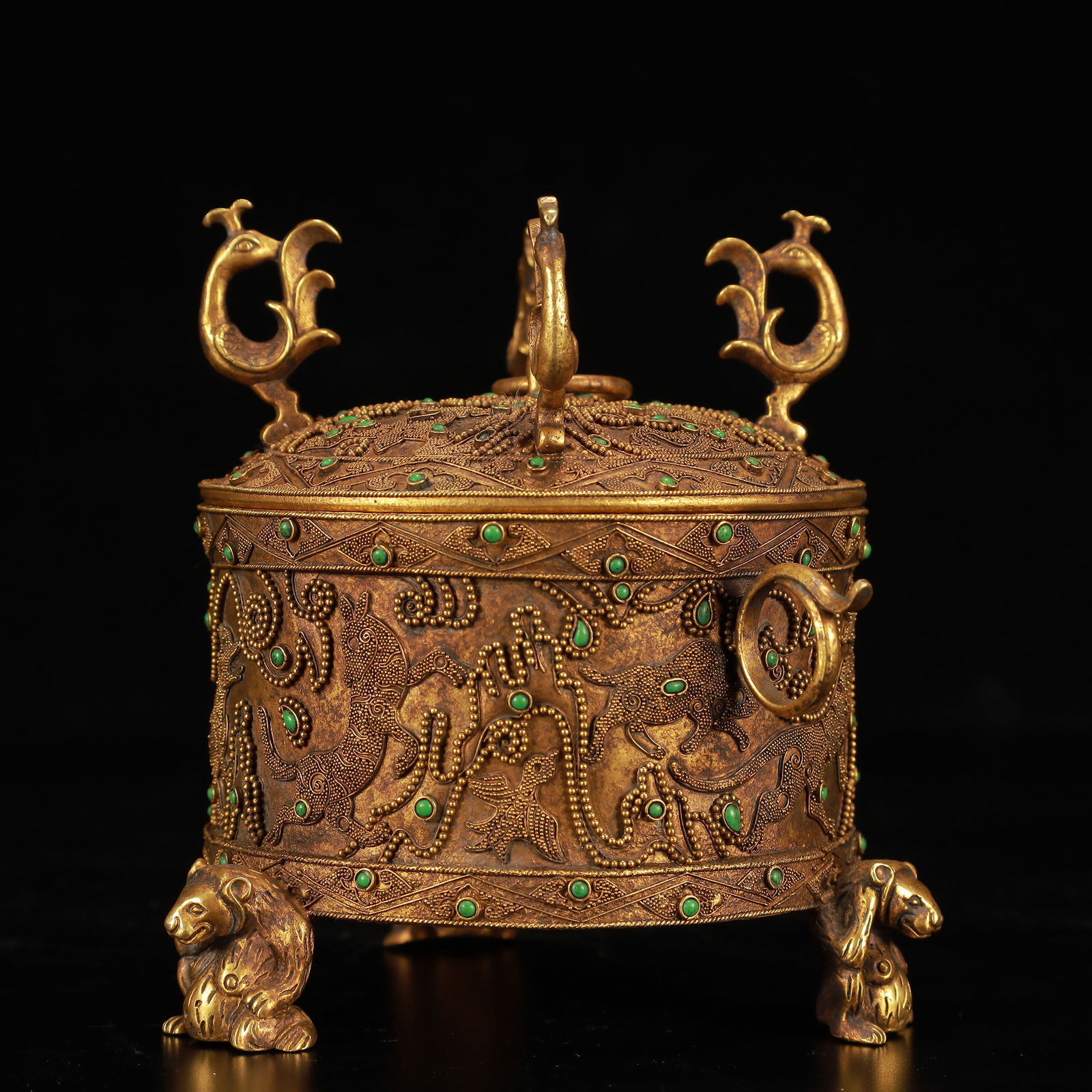 An Exquisite Gilt Bronze Auspicious Beast Pattern Double-Ears and Tripod Censer,Inlaid Gems: An Exquisite Gilt Bronze Auspicious Beast Pattern Double-Ears and Tripod Censer,Inlaid Gems,Qing Dynasty, China,Size:4.3inx5.1in,Weight:550g 铜鎏金瑞兽纹双
