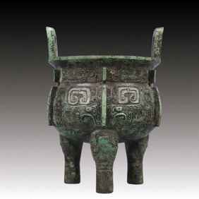 A Precious Bronze Beast-Face Pattern Double-Ears and Tripod Censer,With Inscription