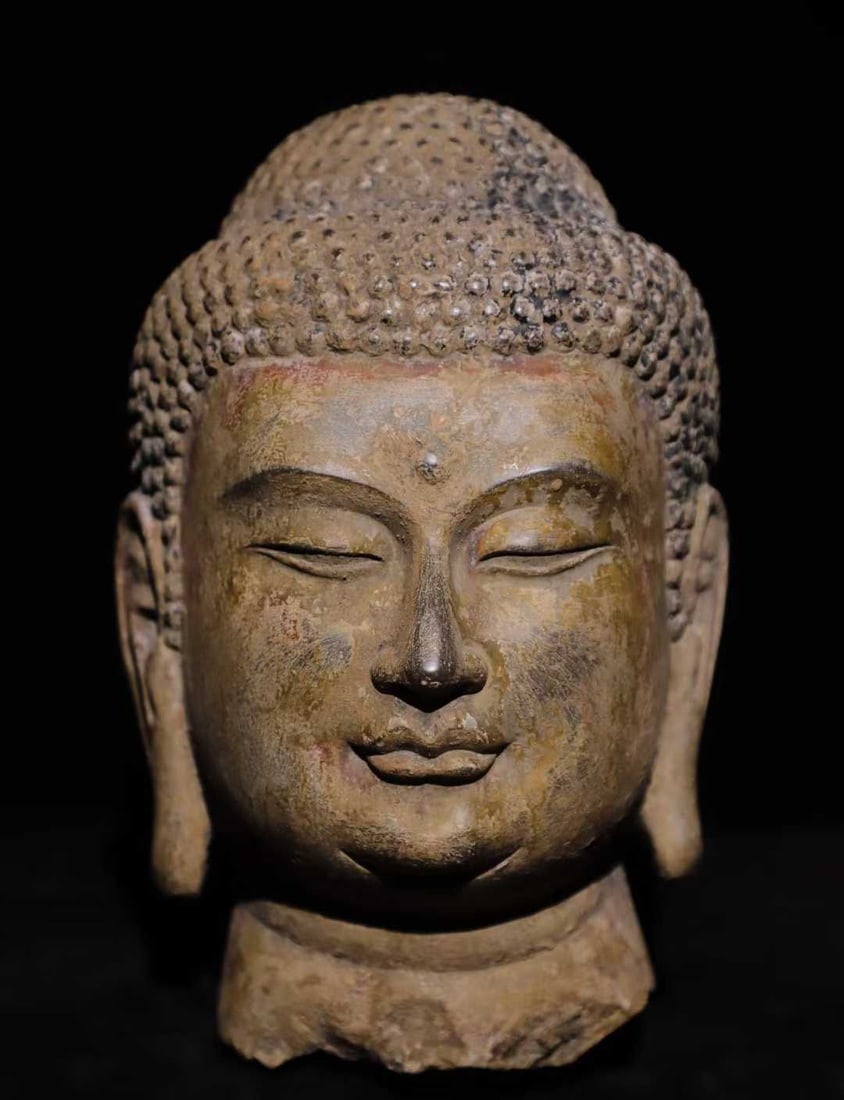 A Solemn Limestone Painted Color Sakyamuni-Head Ornament (1 of 6)