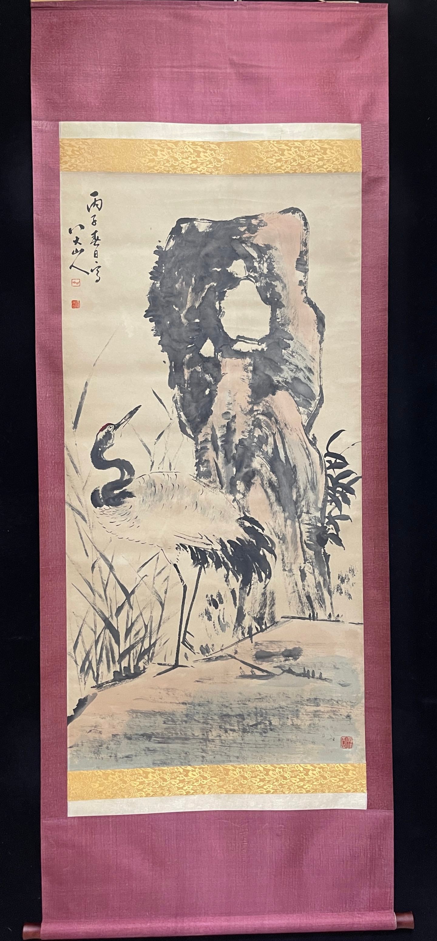 A Chinese Vertical Scroll Ink Painting of Crane on Paper: A Chinese Vertical Scroll Ink Painting of Crane on Paper,Bada Shanren,Size:26.8inx53.9in 