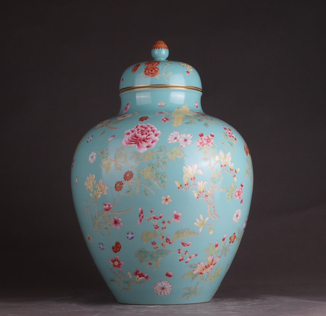 An Exquisite Enamel Turquoise Glazed Painted Gold Flower Pattern Jar with Cover: An Exquisite Enamel Turquoise Glazed Painted Gold Flower Pattern Jar with Cover,Qing Dynasty,China,Qianlong Six-character Mark,Size:16.5inx11in 