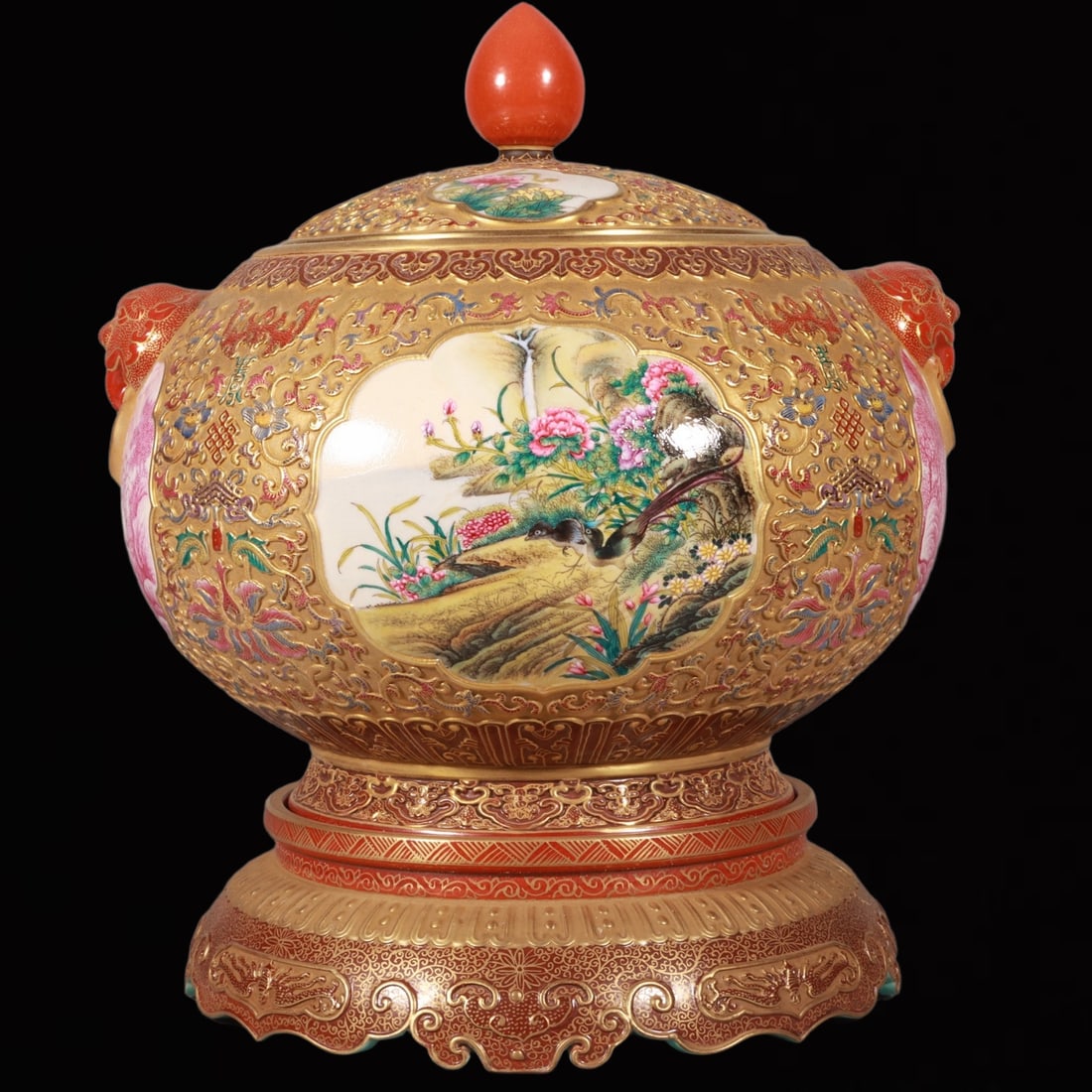 An Exquisite Enamel Flower and Bird Pattern Lion-Ears Jar with Cover: An Exquisite Enamel Flower and Bird Pattern Lion-Ears Jar with Cover,Qing Dynasty, China,Qianlong Six-character Mark,Size:9.4inx7.9in 