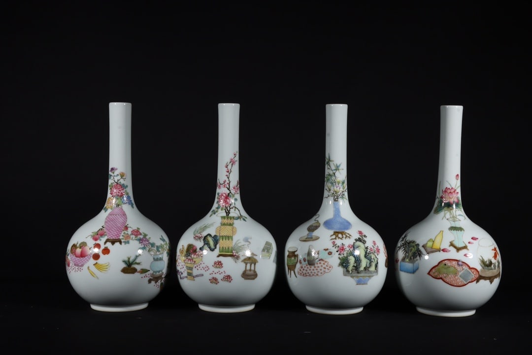 A Set of Fine Famille-Rose Flower Pattern Vases,with Poem: A Set of Fine Famille-Rose Flower Pattern Vases,with Poem,Qing Dynasty,China,Yongzheng Six-Character Mark,Size:7.9inx3.9in 