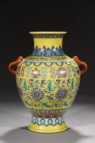 An Exquisite Yellow Ground Doucai Lotus Pattern Elephant-Ears Vase