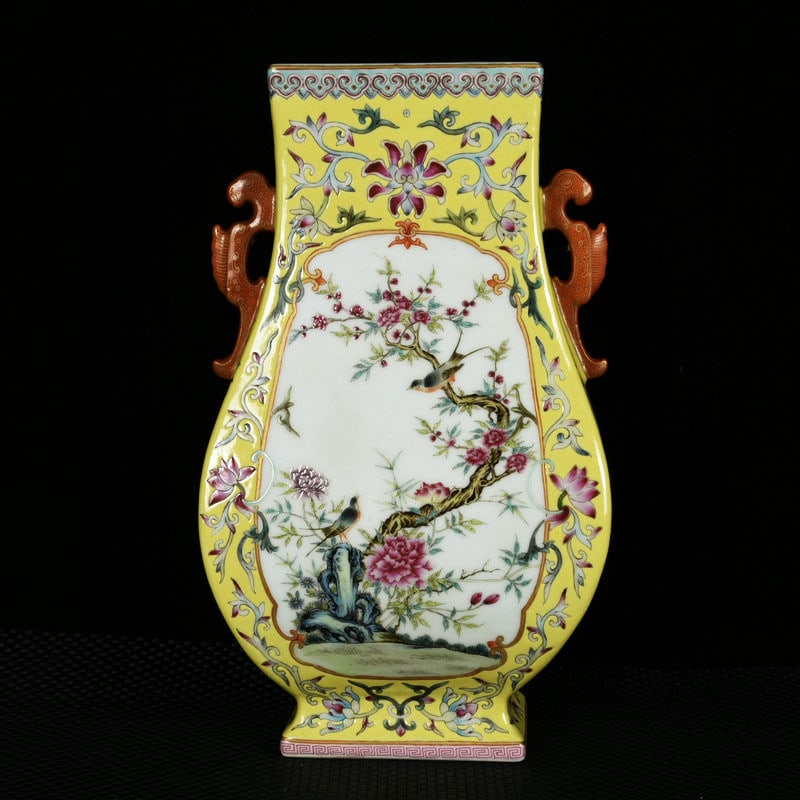 A Rare Yellow Ground Enamel Painted Gold Flower and Bird Pattern Double-Ears Vase,with Poem: A Rare Yellow Ground Enamel Painted Gold Flower and Bird Pattern Double-Ears Vase,with Poem,Qing Dynasty,China,Qianlong Six-Character Mark,Size:12.5inx7.3inx4.6in 