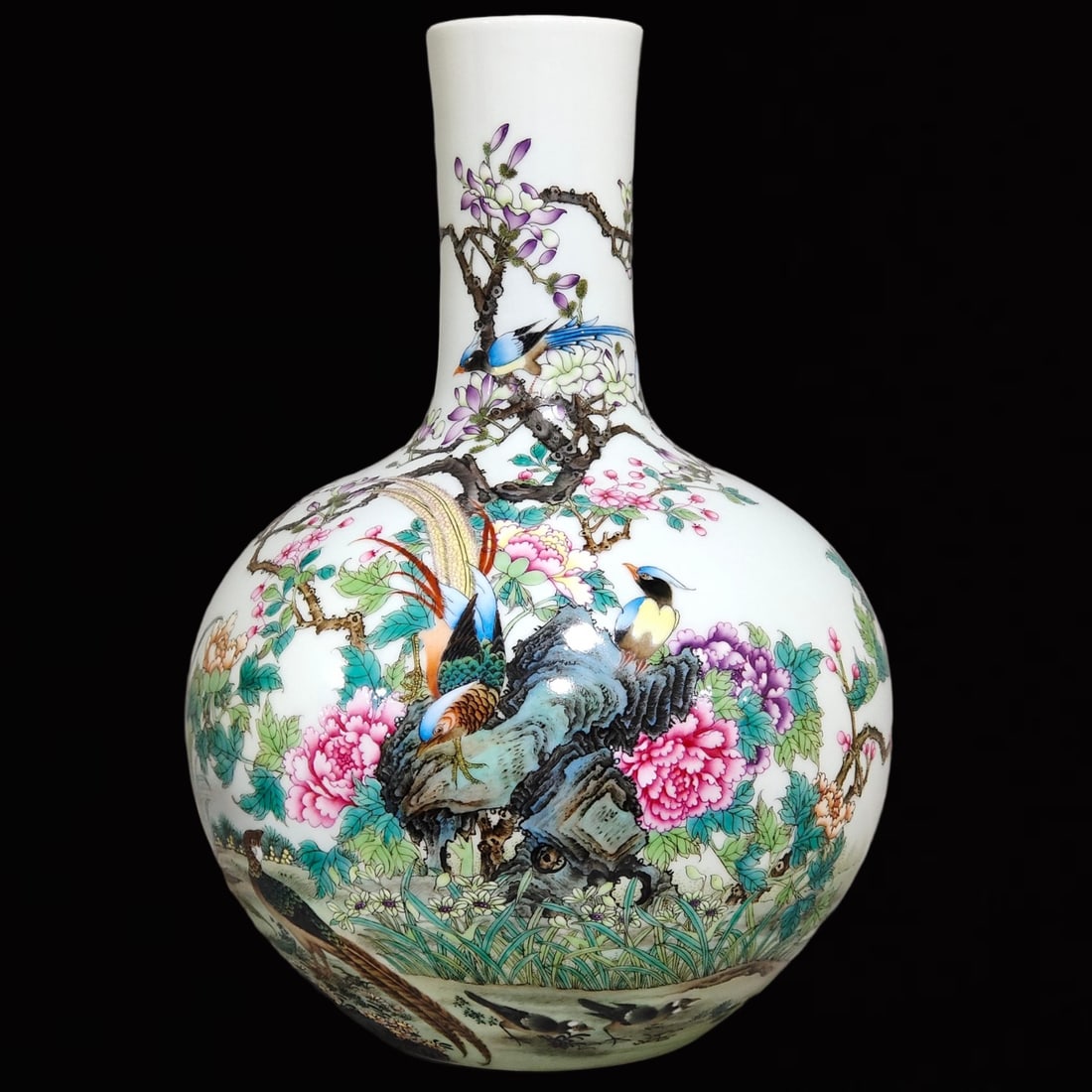 A Rare Famille-Rose Flower and Bird Pattern Vase,with Poem: A Rare Famille-Rose Flower and Bird Pattern Vase,with Poem,Qing Dynasty,China,Yongzheng Six-Character Mark,Size:15inx9.8in 