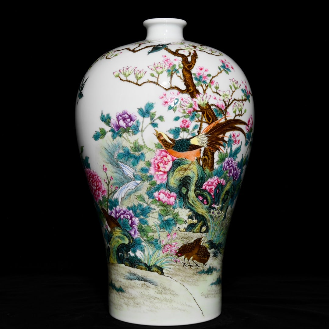 A Rare Famille-Rose Flower and Bird Pattern Vase,with Poem: A Rare Famille-Rose Flower and Bird Pattern Vase,with Poem,Qing Dynasty,China,Yongzheng Six-Character Mark,Size:15.2inx9.3in 