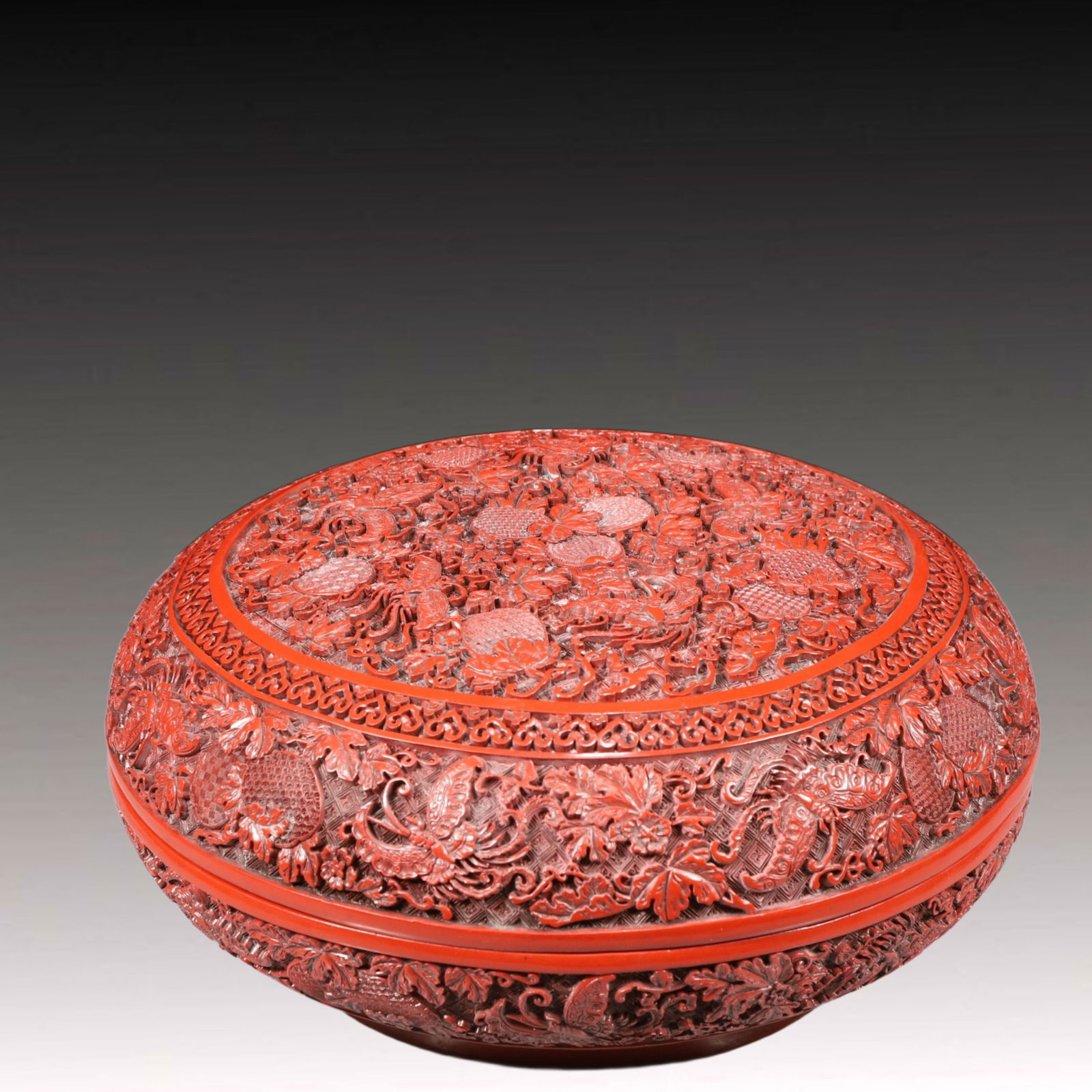 A Rare Carved Red Lacquer Flower and Butterfly Pattern Cover Box,with an Imperial Poem by Emperor: A Rare Carved Red Lacquer Flower and Butterfly Pattern Cover Box,with an Imperial Poem by Emperor Qianlong,Qing Dynasty, China,Size:15inx6.7in,Weight:5150g 