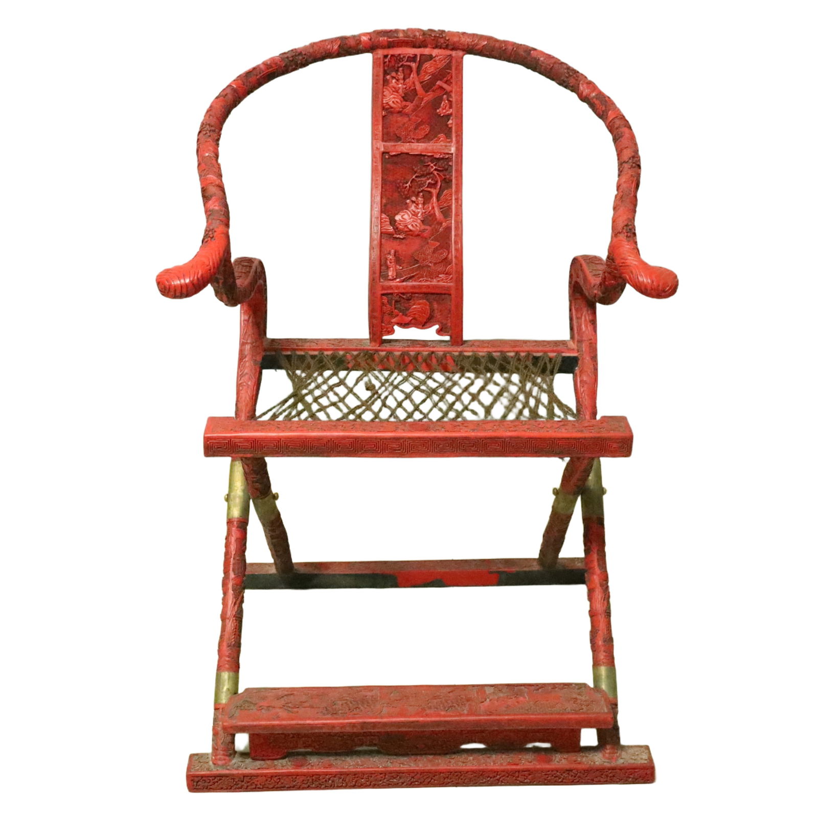 A Huge Carved Red Lacquer Landscape and Figure Pattern Chair: A Huge Carved Red Lacquer Landscape and Figure Pattern Chair,Qing Dynasty, China,Qianlong Six-character Mark,Size:25.6inx28.7inx40.6in 