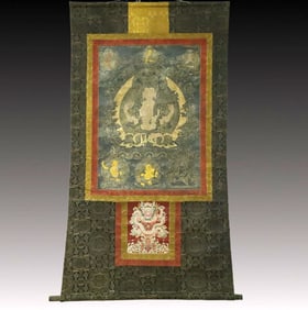 A Rare Brocade Painted Color Statue of Four-Armed Guanyin Tangka