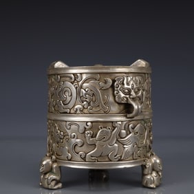 An Exquisite Silver-plated Auspicious Beast Pattern Double-Ears and Tripod Censer