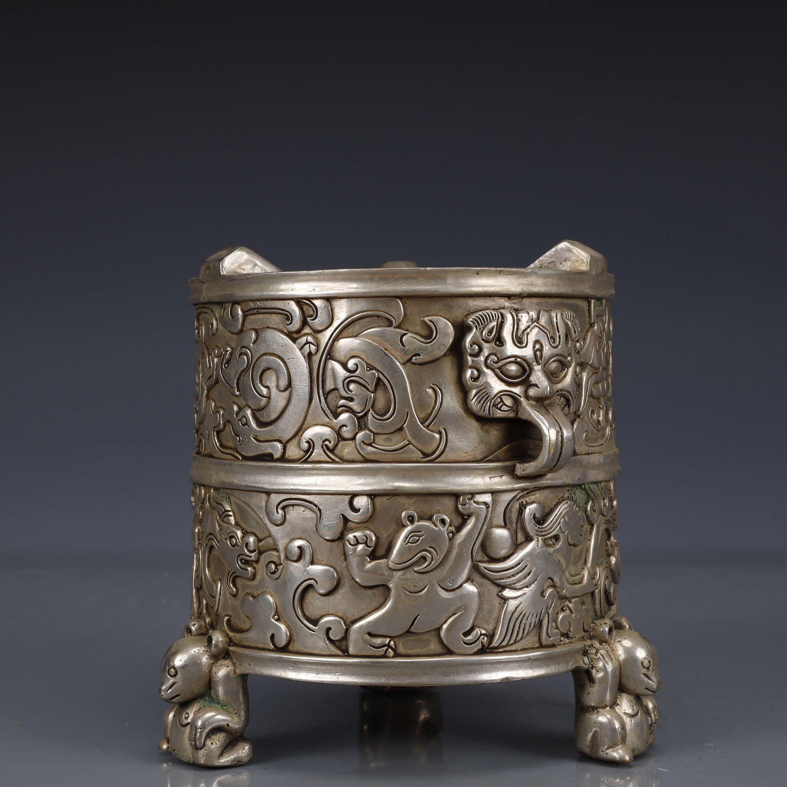 An Exquisite Silver-plated Auspicious Beast Pattern Double-Ears and Tripod Censer: An Exquisite Silver-plated Auspicious Beast Pattern Double-Ears and Tripod Censer,The Republic of China,Size:5.1inx5.1inx3.9in,Weight:1500g 