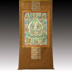 A Rare Brocade Painted Color Four-arms Statue of Avalokitesvara Tangka