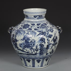 An Exquisite Blue and White Character and Story Pattern Beast-Ears Jar