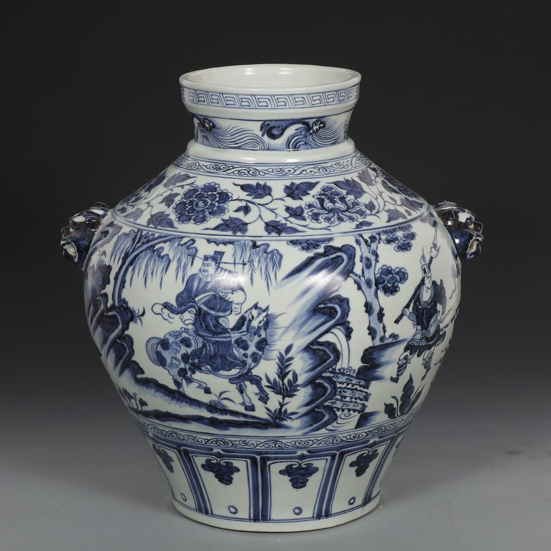 An Exquisite Blue and White Character and Story Pattern Beast-Ears Jar: An Exquisite Blue and White Character and Story Pattern Beast-Ears Jar,Yuan Dynasty,China,Size:16.1inx15in 