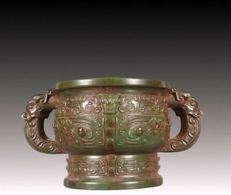 An Exquisite Jasper Beast-Face Pattern Double-Ears Censer