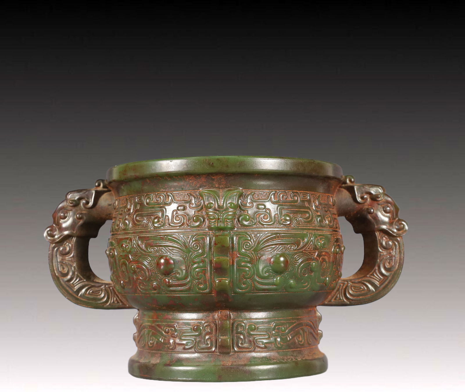 An Exquisite Jasper Beast-Face Pattern Double-Ears Censer: An Exquisite Jasper Beast-Face Pattern Double-Ears Censer,Qing Dynasty, China,Size:9.4inx6.1inx5.1in,Weight:2050g 