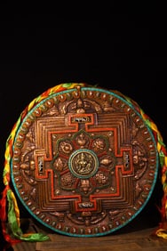 A Rare Bronze Inlaid Dzi Bead and Turquoise Figure Pattern Tangka