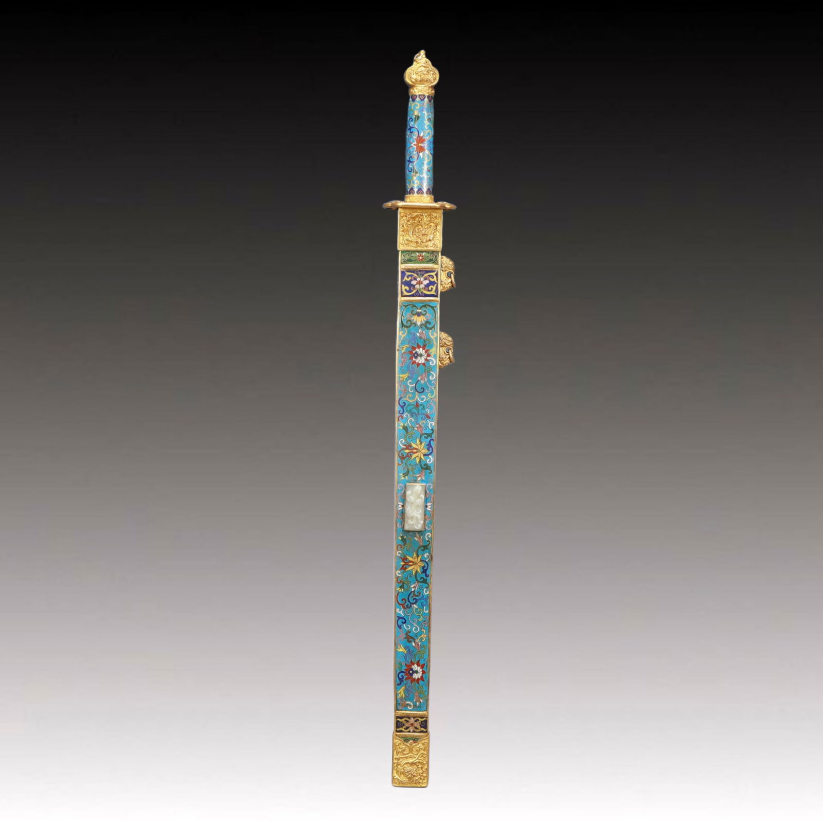 A Huge Cloisonne Inlaid White Jade Lotus Pattern Sword Ornament: A Huge Cloisonne Inlaid White Jade Lotus Pattern Sword Ornament,Qing Dynasty, China,Qing Dynasty, China,Qianlong Four-character Mark,Size:36.6inx3.9inx2.8in,Weight:2600g 