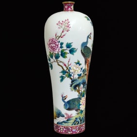 A Rare Ruby Red Glazed Famille-Rose Flower and Peacock Pattern Vase,with Poem