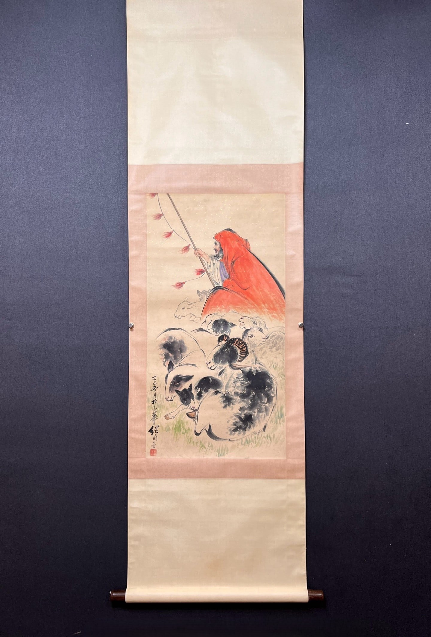 A Chinese Vertical Scroll Ink Painting of Figure and Story on Paper: A Chinese Vertical Scroll Ink Painting of Figure and Story on Paper,Liu Jiyou,Size:17.7inx33.5in 一幅中国水墨人物故事画立轴